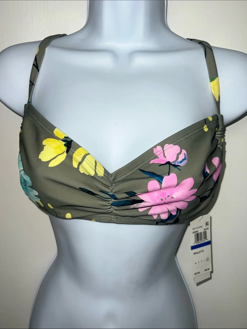Salt + Cove Juniors' Floral-Print Sweetheart Bralette Bikini Top in Sage Sz. XL